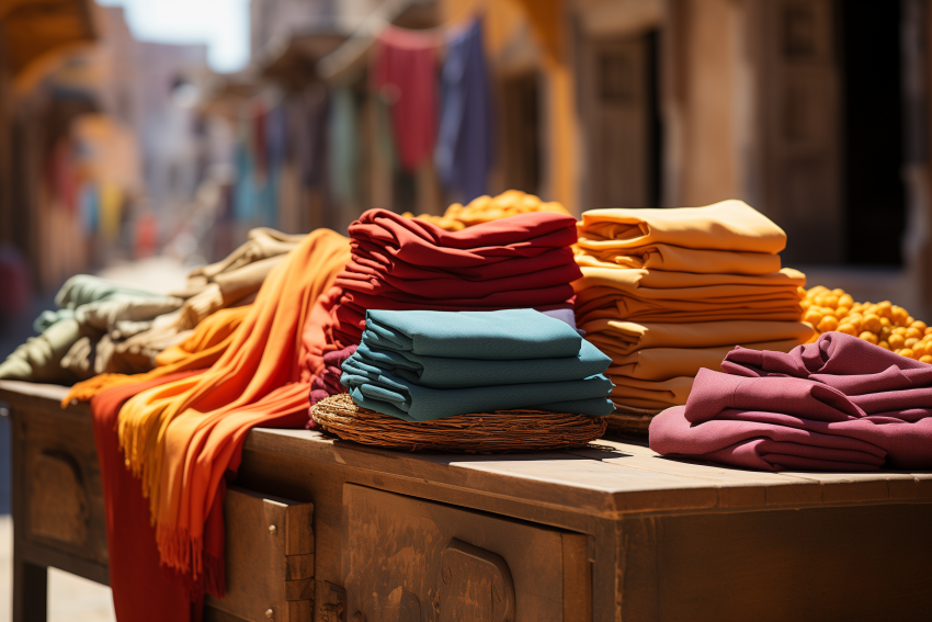 Colorful Fabric Stacks in Sunlit Market