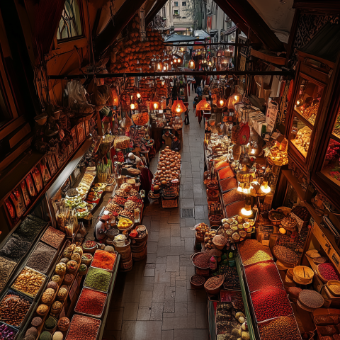 Colorful Indoor Market Full of Spices and Produce
