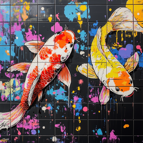 Colorful Koi Fish on Black Tile Art