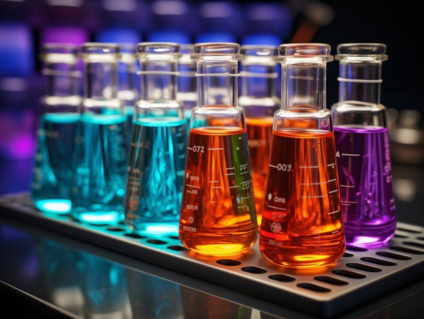 Colorful Laboratory Flasks with Bright Liquids