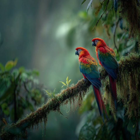 Colorful Macaw Pair Resting on Rainforest Branch