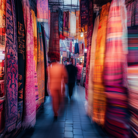 Colorful Market Aisle with Hanging Textiles