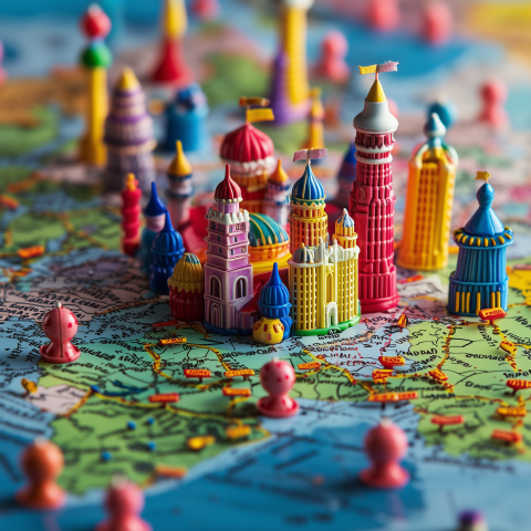 Colorful Miniature Landmarks on World Map