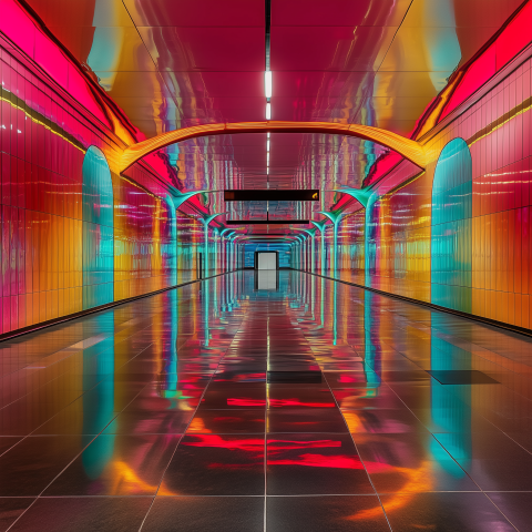 Colorful Neon Tunnel With Mirror Reflections