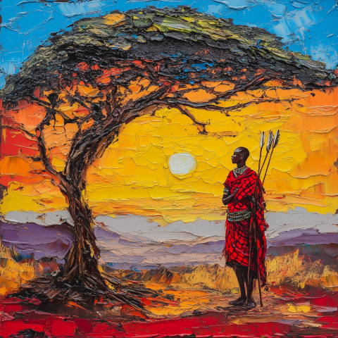 Colorful Painting of Maasai Warrior at Sunset
