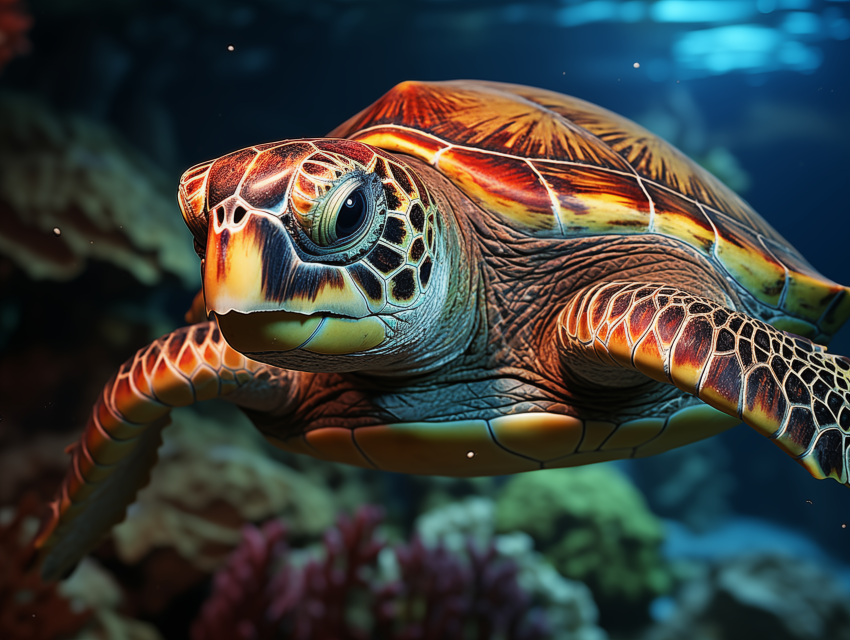 Colorful Sea Turtle Swimming Underwater