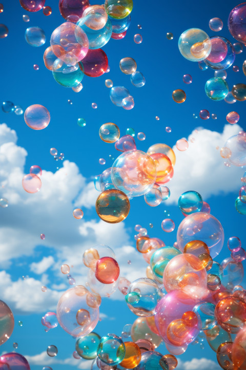 Colorful soap bubbles floating in the sky
