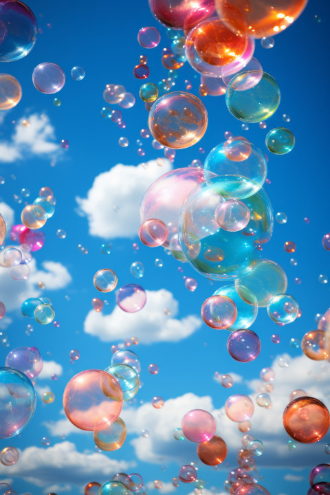 Colorful soap bubbles floating in the sky