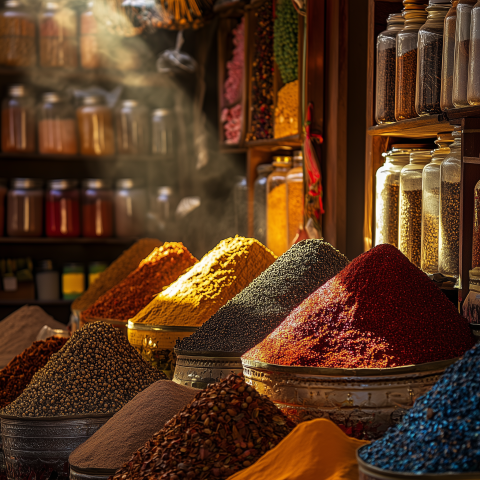 Colorful Spices in Market Stall