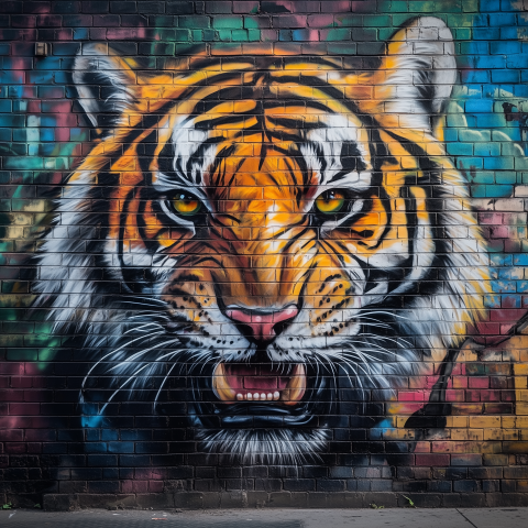 Colorful Tiger Mural on Urban Brick Wall