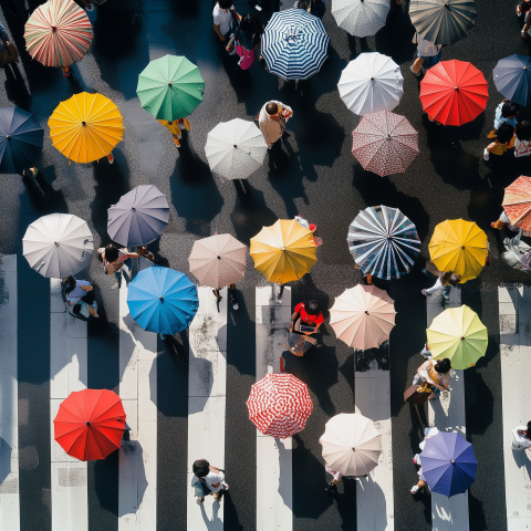 Colorful Umbrellas at Busy Crosswalk