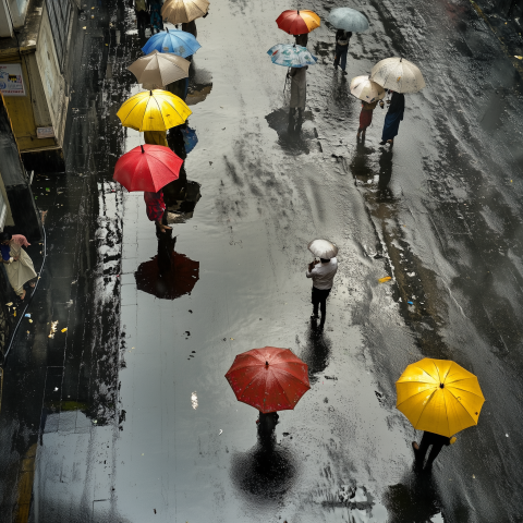 Colorful Umbrellas Reflected on Wet Street