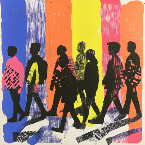 Colorful Urban Crowd Silhouettes