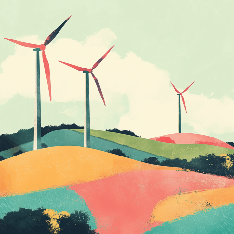 Colorful Wind Turbines over Rolling Hills