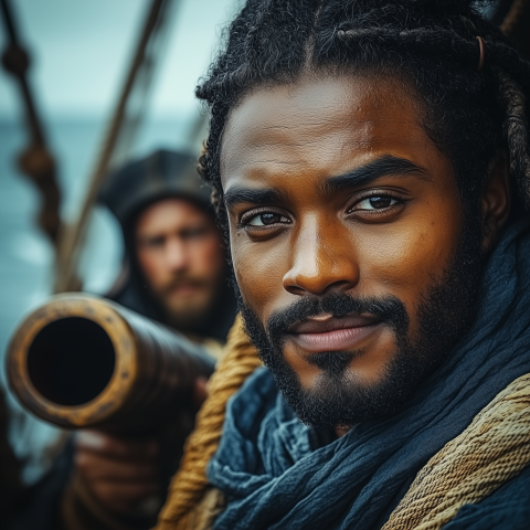 Confident Pirate with Cannon on Ship
