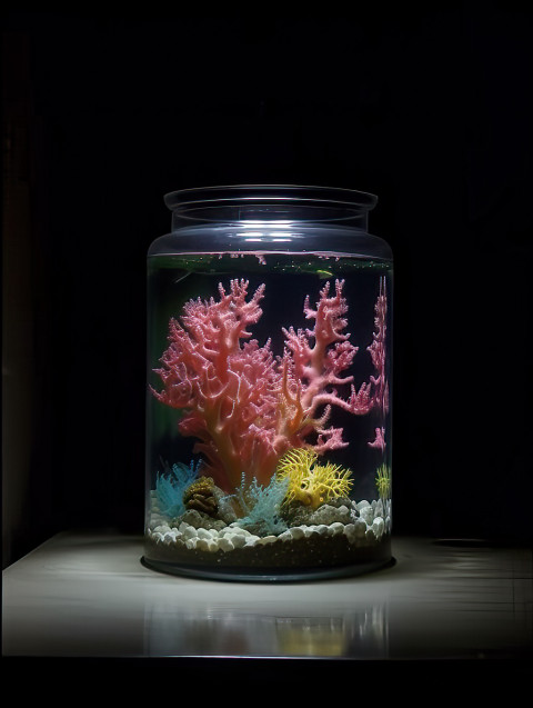 Illuminated Coral Reef in Glass Jar