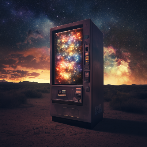 Cosmic Vending Machine in Starry Desert