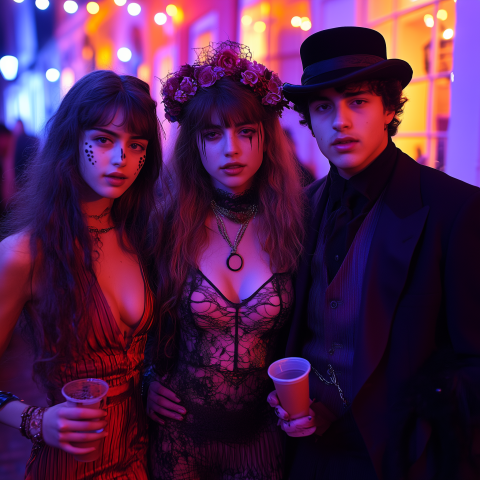 Costumed Friends at a Nighttime Party