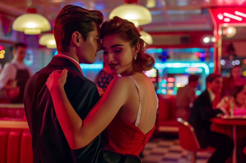 Couple Dancing Close in Retro Diner