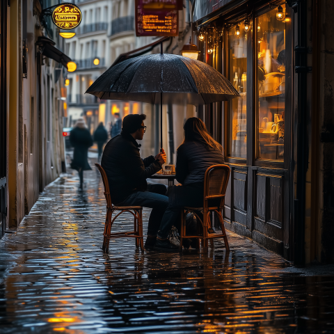 Couple Dining Under Umbrella in Rainy Alley