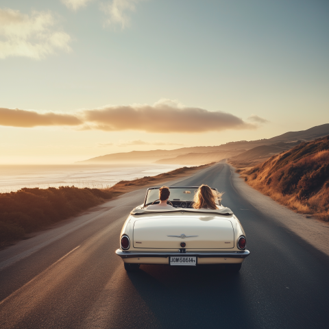 Couple Driving Convertible Along Coastal Road