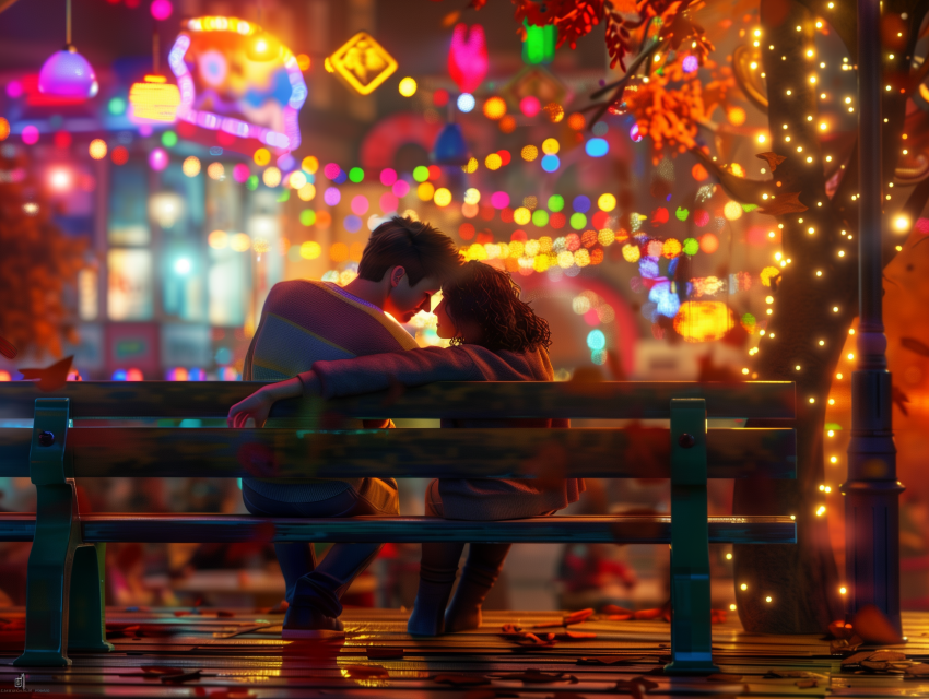 Couple Enjoying a Romantic Evening on Bench