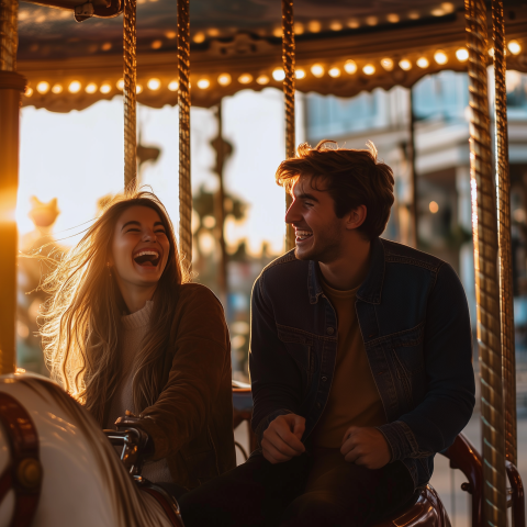 Couple Laughing on Carousel at Sunset