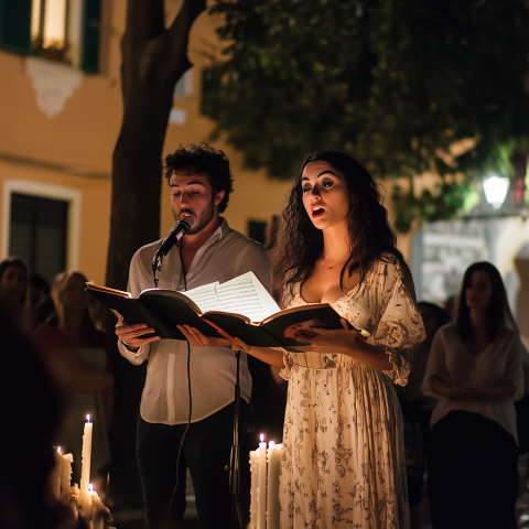 Couple Singing in Candlelit Outdoor Performance