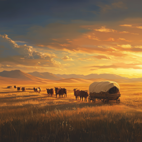 Covered Wagon Crossing Sunset Prairie