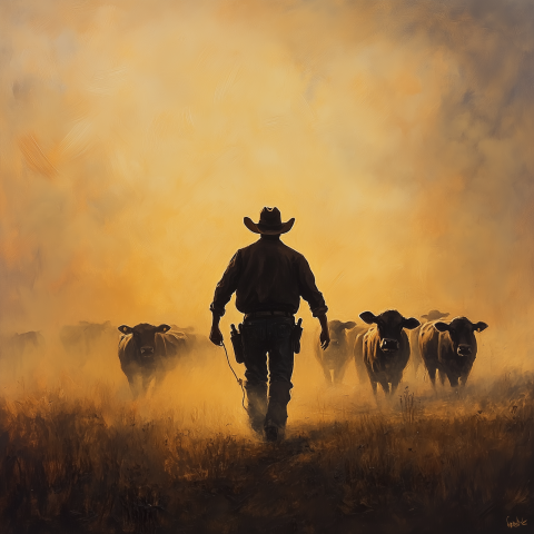 Cowboy Leading Cattle Through Dusty Plains