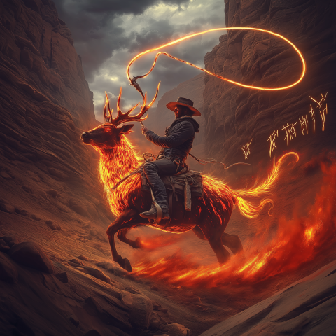 Cowboy Riding Fiery Stag in Canyon