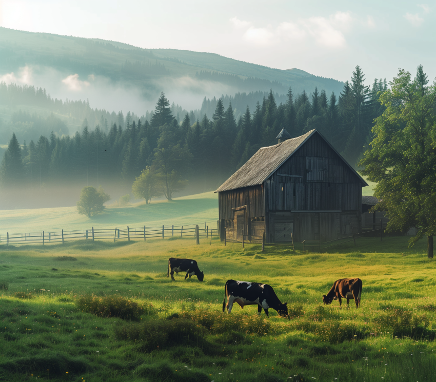Cows Peacefully Grazing In A Lush Green Pasture