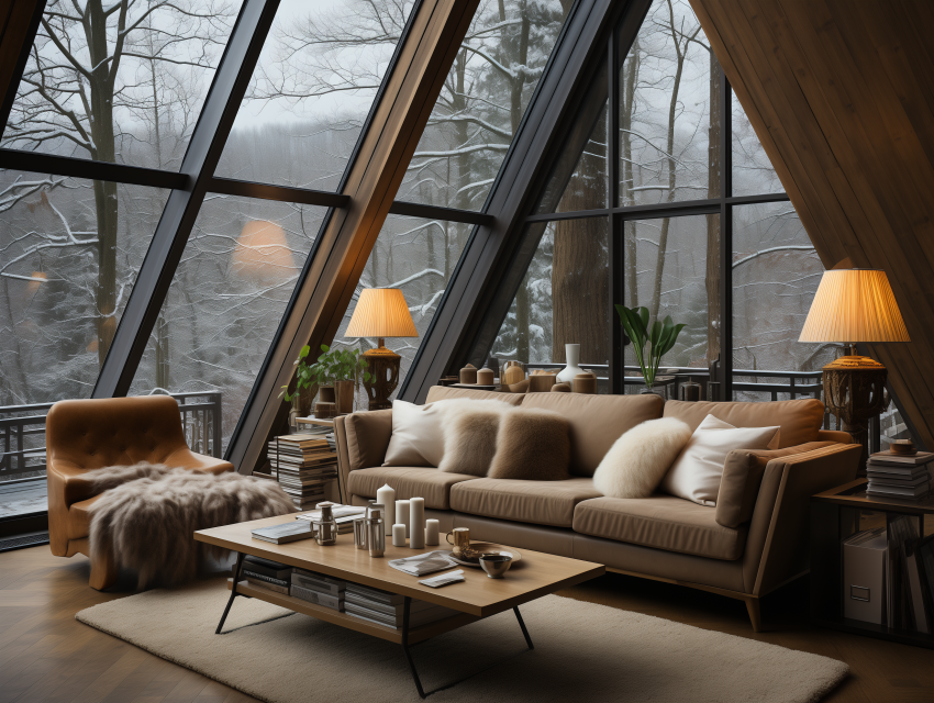 Cozy A-Frame Cabin Living Room View