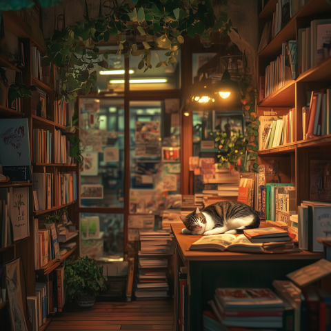 Cozy Bookstore Cat Napping on Desk