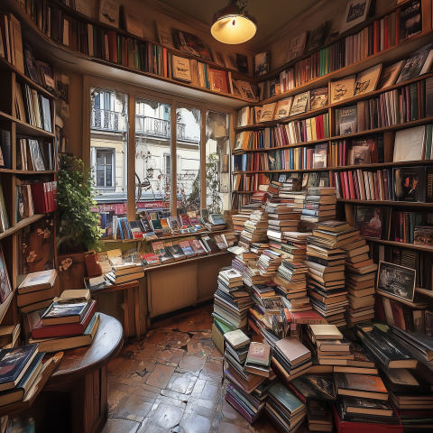 Cozy Bookstore Overflowing with Books