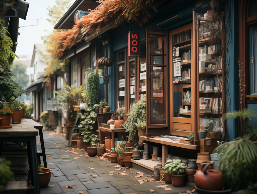 Cozy Bookstore Street with Potted Greenery
