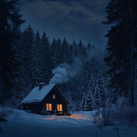 Cozy Cabin in Snowy Forest at Night