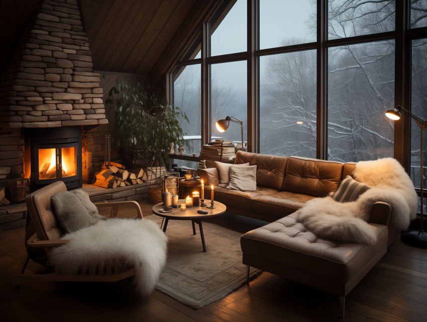 Cozy Cabin Living Room in Winter