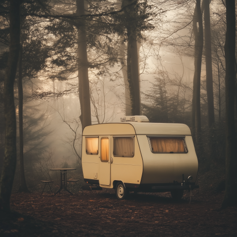 Cozy Caravan in Foggy Forest