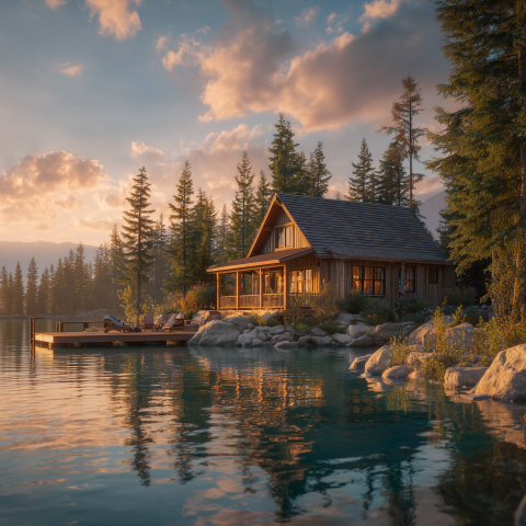 Cozy Lakeside Cabin at Sunset