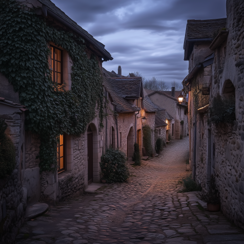 Cozy Medieval Village Street at Dusk