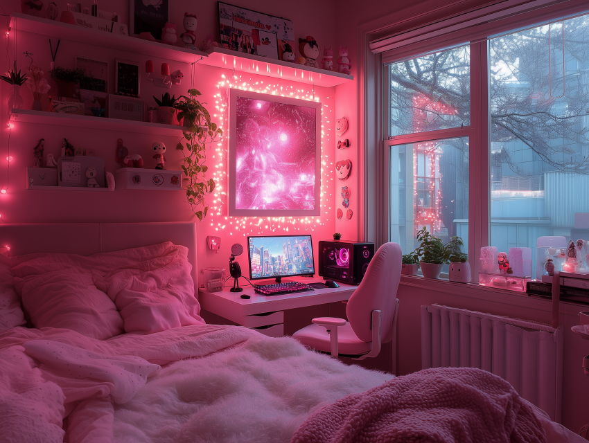 Cozy Pink-Themed Bedroom with Gaming Setup