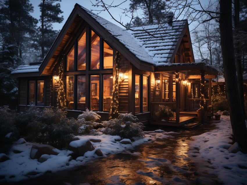 Cozy Snow-Dusted Cabin at Dusk