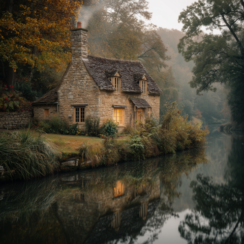 Cozy Stone Riverside Cottage in Autumn