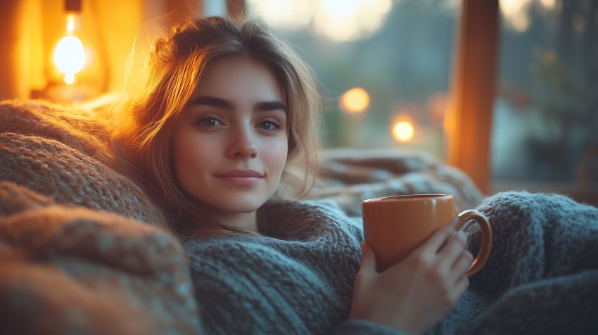 Cozy Woman Relaxing with Warm Drink