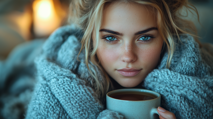 Cozy Woman Wrapped in Blanket with Tea