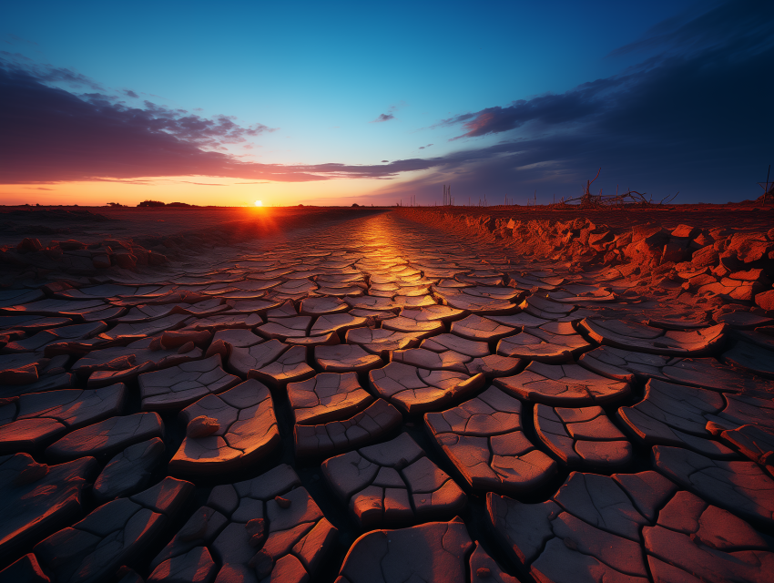 Cracked Earth at Sunset in Drought Land