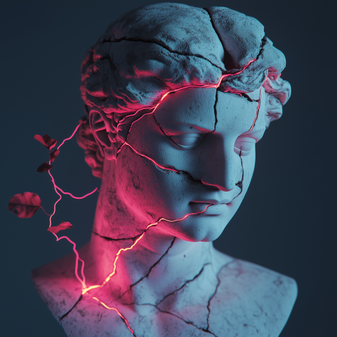 Cracked Marble Statue with Neon Vines