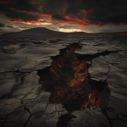 Cracked Volcanic Earth at Sunset