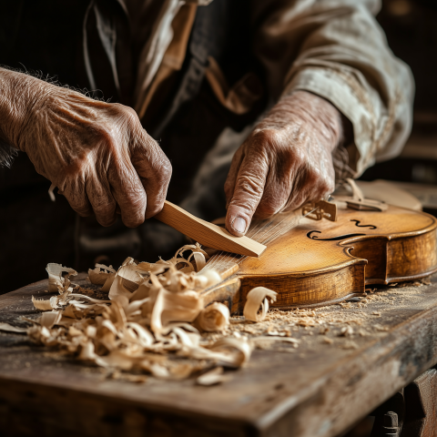 Craftsman Carving Violin in Workshop